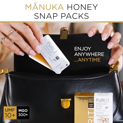 PURITI Genuine Raw Manuka Honey Snaps On The Go - UMF 10+ (MGO300+) 21 x 0.18oz Individual Snap Packets, Single Serve Honey Sticks for Tea