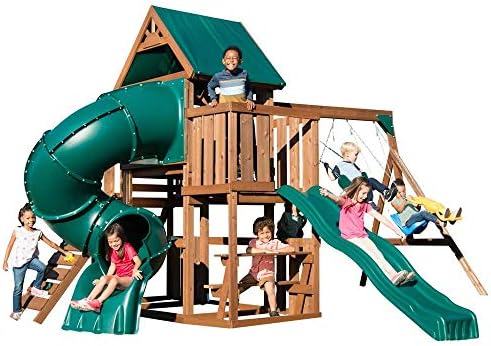 Swing-N-Slide WS 8359 Tellico Terrace Wood Swing Set with Two Slides, Climbing Wall & Swings, Brown