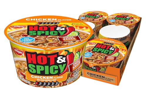 Nissin Hot & Spicy Ramen Noodle Soup, Chicken, 3.32 Ounce (Pack of 6) | Bold and spicy flavor for a kick of heat in every bite