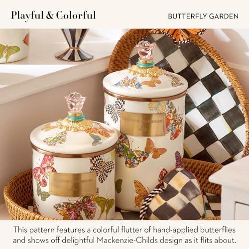 MACKENZIE-CHILDS Enamel Canister, Small, Wild Rose Brown | Hand-applied design, made from enameled steel, versatile kitchen storage container for flour and sugar, 38-ounce capacity