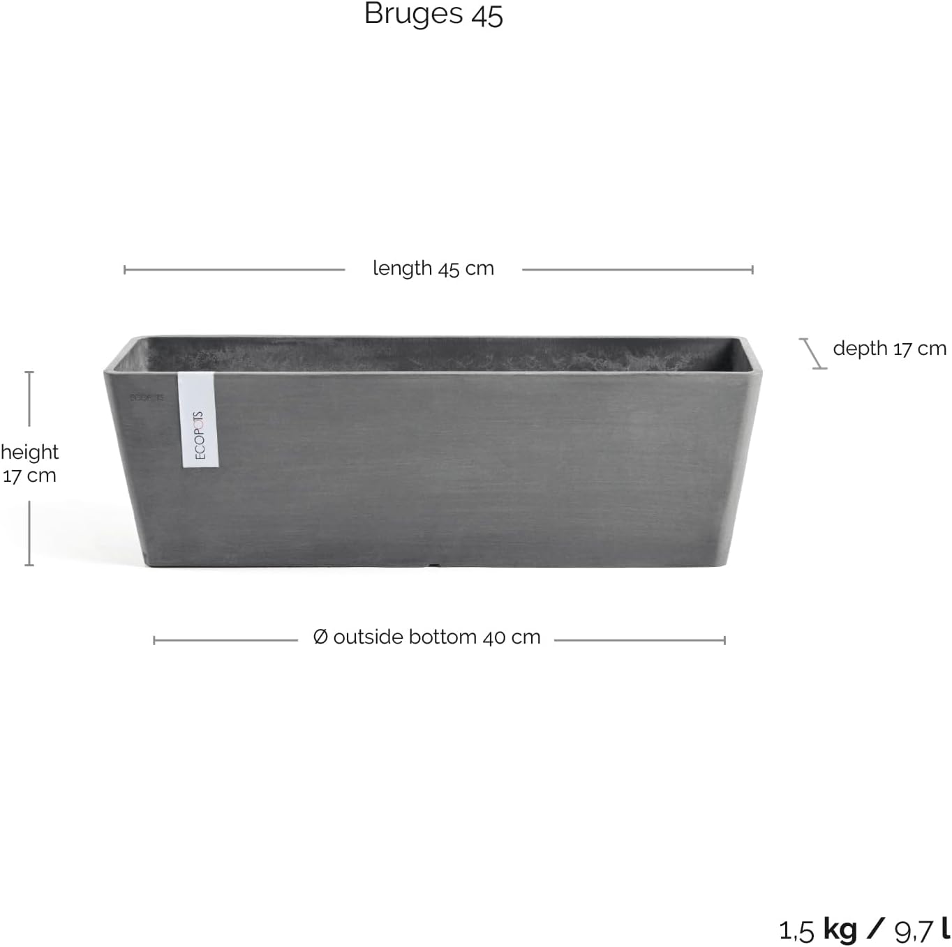 Ecopots Bruges Rectangular Flower Planter, Grey, 21.5" | Modern Style, Durable Recycled-Based Composite Construction, Weather and UV-Resistant, for Indoor/Outdoor Use