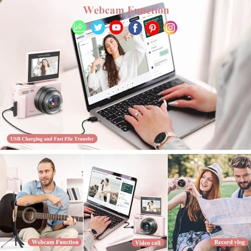 4K Digital Camera for Photography, 64MP Vlogging Camera for YouTube, WiFi Vlog Cameras with 18X Digital Zoom, 3'' Flip Screen and 32GB TF Card, Pink