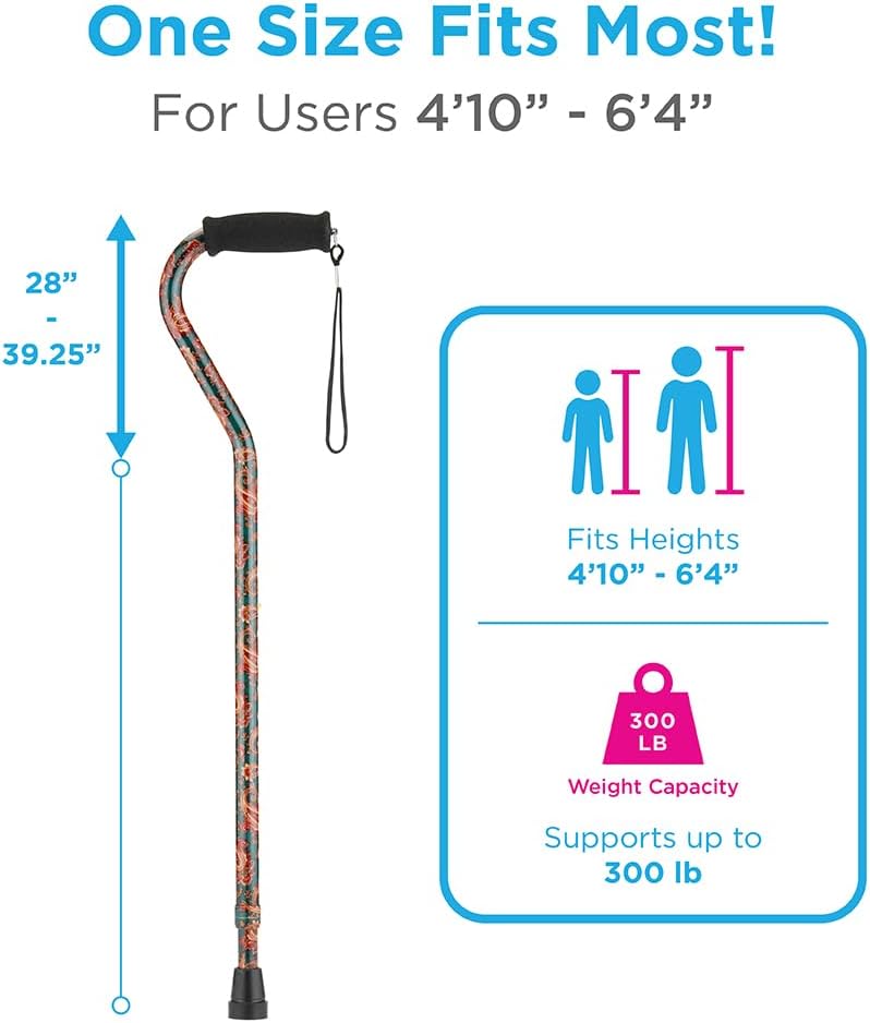 NOVA Designer Walking Cane with Offset Handle, Lightweight Adjustable Walking Stick with Carrying Strap, “Maui Flowers” Design