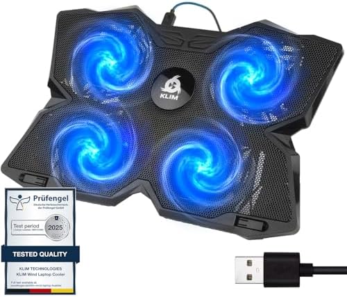 KLIM Wind Laptop Cooling Pad - More Than 500 000 Units Sold - New Version - The Most Powerful Rapid Action Cooling Fan - Laptop Stand with 4 Cooling Fans at 1200 RPM - USB Fan - PS5 PS4 - Blue