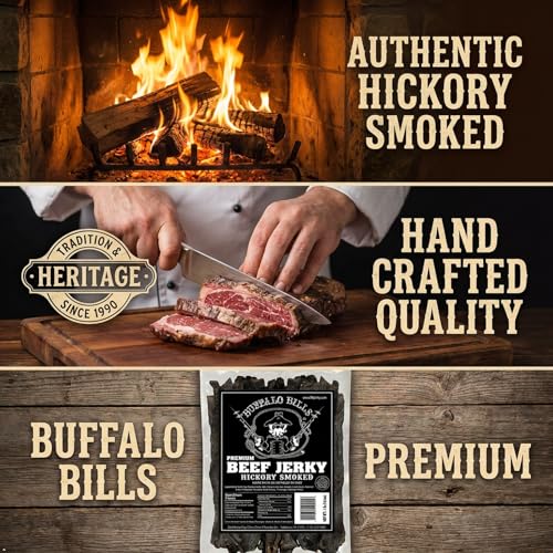 Buffalo Bills 16 Oz Hickory Smoked Premium Beef Jerky Pieces in Random Size | Selling Beef Jerky Nationwide Since 1990, Made In The USA, 100% US Beef, Marinated In Soy Sauce, Garlic, And Black Pepper