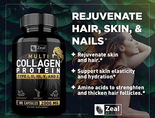 Multi Collagen Peptides Pills (Types Ⅰ, Ⅱ, Ⅲ, Ⅴ, Ⅹ) Grass Fed Collagen Pills (180 Capsules) - Hydrolysate Collagen Protein Blend for Hair