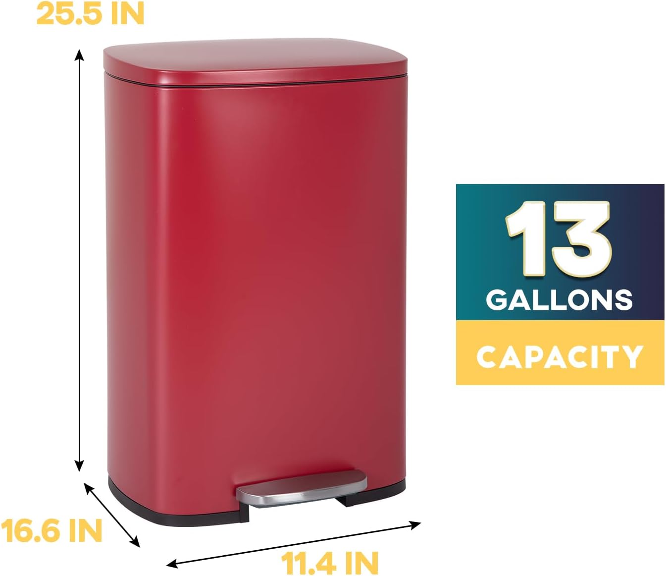FDW | 13 Gallon Trash Can with Lid | Steel | Fingerprint-Proof | Made of Brushed Stainless Steel | Soft-Close Step Pedal | Hands-Free Use | Easy to Clean | for Kitchen, Office, Bathroom