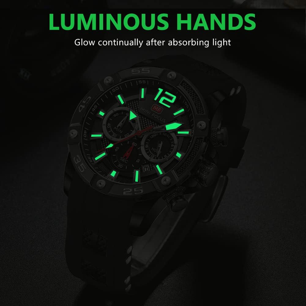 MF MINI FOCUS Men Watch, Chronograph Waterproof Sport Analog Quartz Watches Blue Silicon Strap Fashion Wristwatch for Men