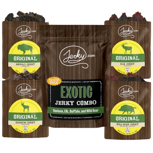 Jerky.com Exotic Jerky Variety Pack | 4pc Wild Game Snacks Sampler with Venison, Elk, Buffalo & Wild Boar | High Protein, Keto, Exotic Jerky Gifts for Men | Gifts for Men & Hunters | Venison, Elk, Buffalo & Wild Boar, High Protein, Keto Friendly, Exotic…