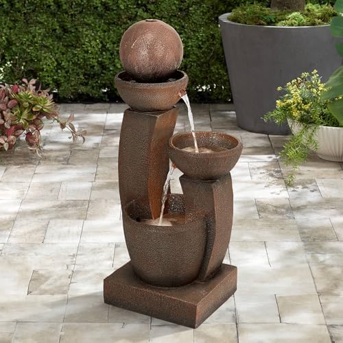 Curved Columns 31" High LED Light Modern Outdoor Indoor Large Fountain | Zen Decor Faux Stone Floor with Standing Waterfall Bowl Water Feature for