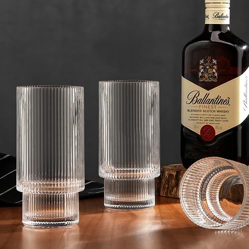 Qipecedm® 6 Pack Ribbed Drinking Glasses, 16 oz Vintage Glass Cups, Highball Glasses, Premium Iced Coffee Glasses, Clear Glass Tumbler