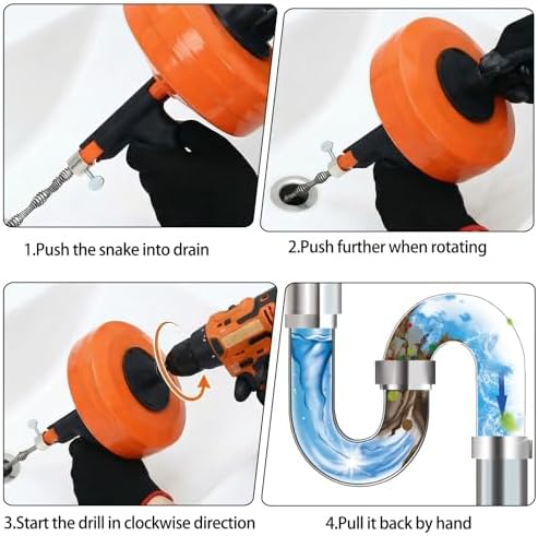 50 Ft Drain Auger,Use Manually or Drill Powered 50 Foot Drain Snake,Heavy Duty Flexible Plumbing Snake,With Gloves and Storage Bag for Kitchen Sink, Shower Drain (50FT, Orange)
