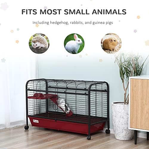 PawHut 41" L Small Animal Cage Rabbit Hutch with Feeder, Rolling Wheels Red