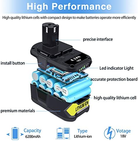DTK Upgraded 2Packs P108 18V Battery Replacement for Ryobi 18V ONE+ Battery Fit P102 P103 P104 P105 P107 P109 P122 PBP002 PBP003 PBP004 PBP005