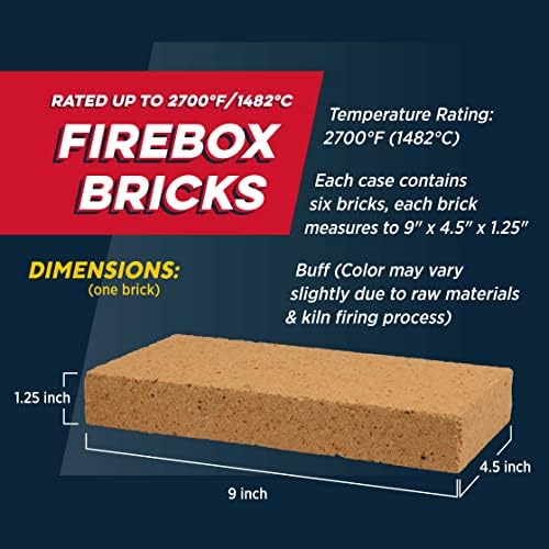 Rutland Fire Bricks, Properly Cured High Temperature FireBrick, USA-Made Residential Fire Clay Replacement for Wood Stove, Fireplace, & Pizza Oven, Size 9" x 4.5" x 1.25", 6-Pack, Tan
