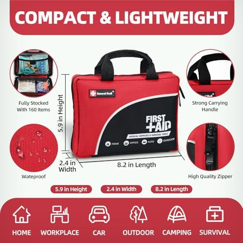 First Aid Kit -160 Pieces Compact and Lightweight - Including Cold (Ice) Pack, Emergency Blanket, Moleskin Pad, Perfect for Travel, Home, Office, Car