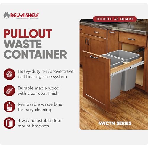 Rev-A-Shelf Double Top-Mount Pullout Trash Can, Min Opening 15" W, 35 Qt | Under Kitchen Cabinet Large Capacity Waste/ Recycling Containers, 150 Lbs Rated Full-Extension Slides, 4WCTM-18BBSCDM2 Silver