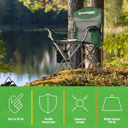 Oversized Camping Chair 300lbs - Heavy Duty Folding Chair with Cooler Pouch and Carry Bag for Camp Sites, Tailgates, or Beach by Wakeman (Blue)