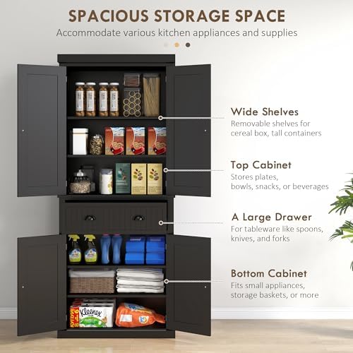 HOMCOM 72" Kitchen Pantry Cabinet Freestanding Tall Storage Cabinet White | Traditional Kitchen Pantry, 4 Doors, Drawer, 3 Adjustable Shelves, for Dining Room