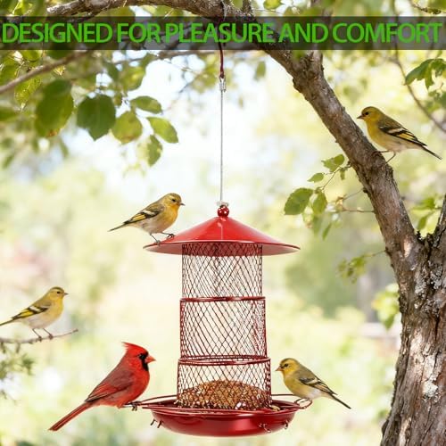 Three-Tier Metal Hanging Bird Feeder Durable and Sturdy, red Finish Large Capacity with Perch Mesh Design Features Drainage Holes (Red)