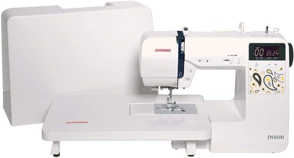 Janome JW8100 Fully-Featured Computerized Sewing Machine with 100 Stitches, 7 Buttonholes, Hard Cover, Extension Table and 22 Accessories