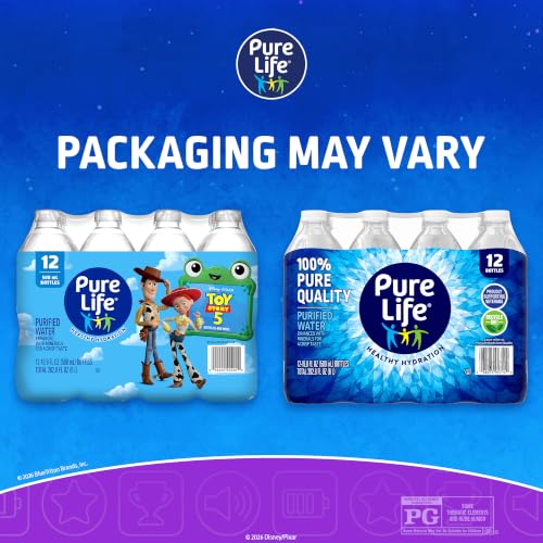 Pure Life Purified Bottled Water, 15 Pack - Still Drinking Water Enhanced with Minerals for a Crisp Taste - 16.9 Fl Oz - Toy Story 5 Packaging Graphics