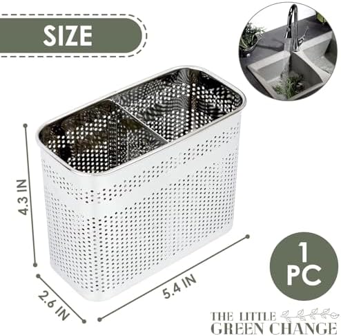 Kitchen Utensils Chopsticks Holder Drying Rack Basket with Hooks 2 Divided Compartments Quality Stainless Steel Large L5.4 X H4.3 X W2.6