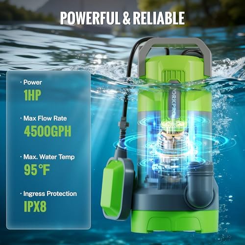 WORKPRO 1HP 4500 GPH Submersible Sump Pump with Automatic Float Switch | Handles Clean & Dirty Water, Ideal for Pool Draining, Flooded Basements