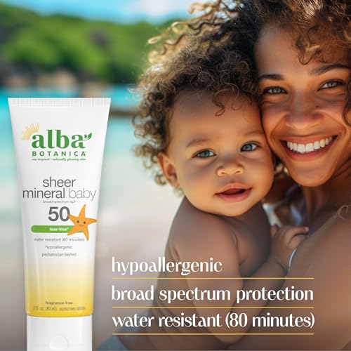 Alba Botanica Baby Sunscreen for Face and Body, Sheer Mineral Sunscreen Lotion, Broad Spectrum SPF 50, Water Resistant and Fragrance-Free