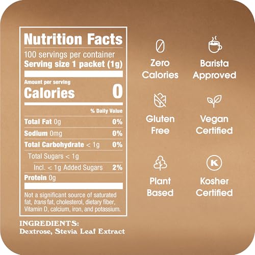 Stevia In The Raw, Plant Based Zero Calorie, No Erythritol, Sugar Substitute, Sugar-Free Sweetener for Coffee, Hot & Cold Drinks, Suitable For Diabetics, Vegan, Gluten-Free, 100Count Packets (1 Pack)