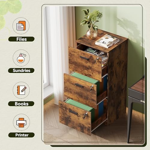 DEVAISE 3 Drawer Wood File Cabinet with Lock, Fits Letter and A4 Size | Wooden Tall Vertical Filing Cabinet, Home Office Printer Stand, Easy Assembly, White
