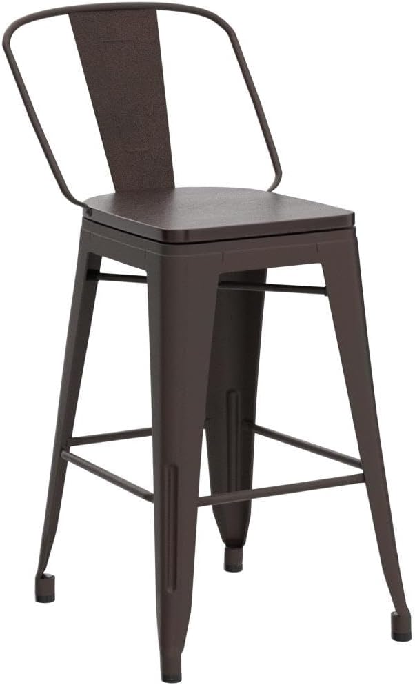 Alunaune 24" Swivel Metal Bar Stools Set of 4 High Back Counter Height Barstools Industrial Dining Bar Chairs with Large Wooden Seat-Matte Black