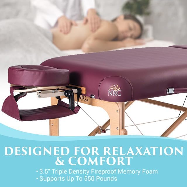 NRG Vedalux Portable Massage Table Package | Burgundy | Folding Lightweight Massage Bed | Professional Spa Table with Face Cradle, Hanging Armrest & Carrying Case
