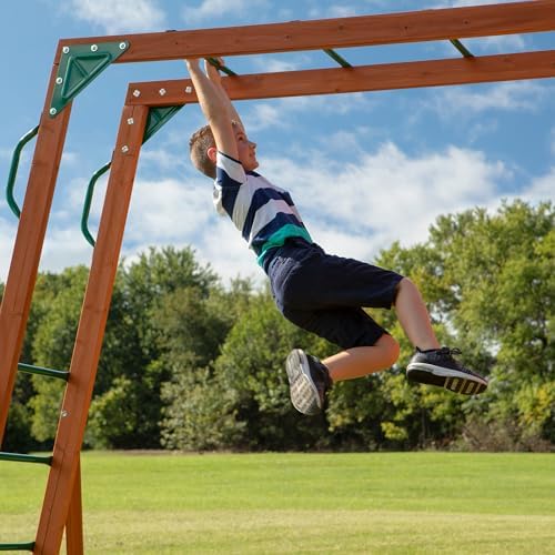 Backyard Discovery Skyfort II Cedar Wood Swing Set with Wave Slide, Raised Clubhouse, Crow's Nest, Monkey Bars, Balcony, Belt Swings, Trapeze