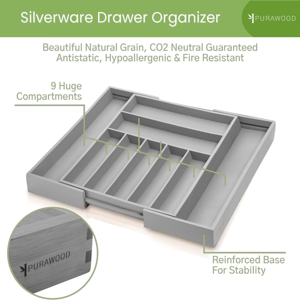 Purawood Kitchen Drawer Organizer - Expandable Utensil Drawer Organizer for Kitchen, Cutlery Tray & Silverware Organizer