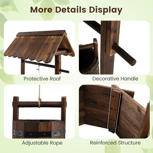 Giantex Wooden Wishing Well Planter with Hanging Bucket, Carbonized Fir Wood Outdoor Garden Planter for Flowers