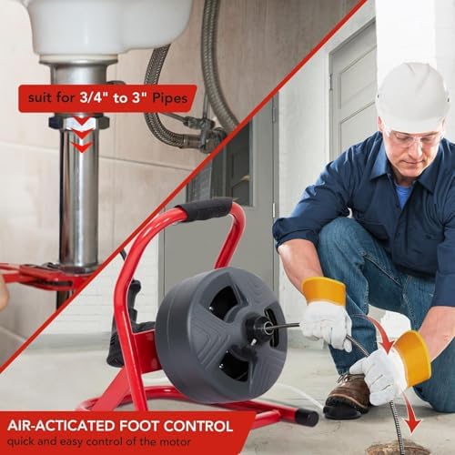 PIONEERWORKS 50Ft x 5/16 Inch Drain Cleaner Machine, Electric Drain Auger Professional for 3/4 to 3 Inch Pipes, Foot Switch with 6 Cutters, Glove