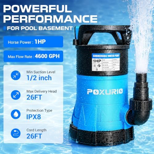 1HP Submersible Sump Pump, 5300GPH High Flow Dirty Clean Submersible Water Pump with Automatic Float Switch, 26FT Long Cord for Swimming Pool