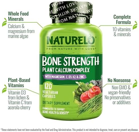 NATURELO Calcium Supplement with Vitamin C, D3, K2, 120 Vegetarian Capsules | Magnesium & Zinc for Bone Strength,Plant-Based Calcium 600mg , Non-GMO, Soy & Gluten-Free