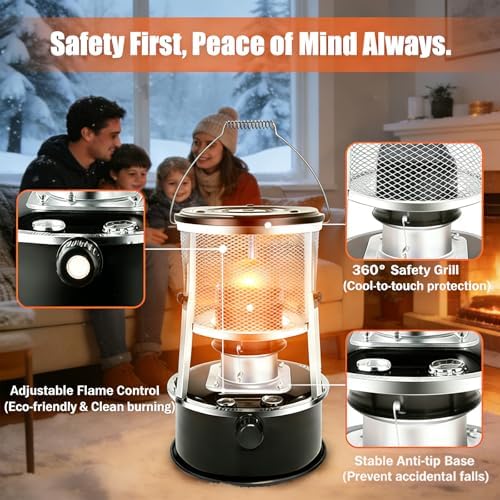 Emergency Survival Kerosene Heater for Indoor Use, 2026 Upgraded Non Electric Heaters for Indoor with Cooking Top, 9000 Btu Radiant Heat, 18-21h Runtime, For Winter Storm, Grid down & Home (Black)