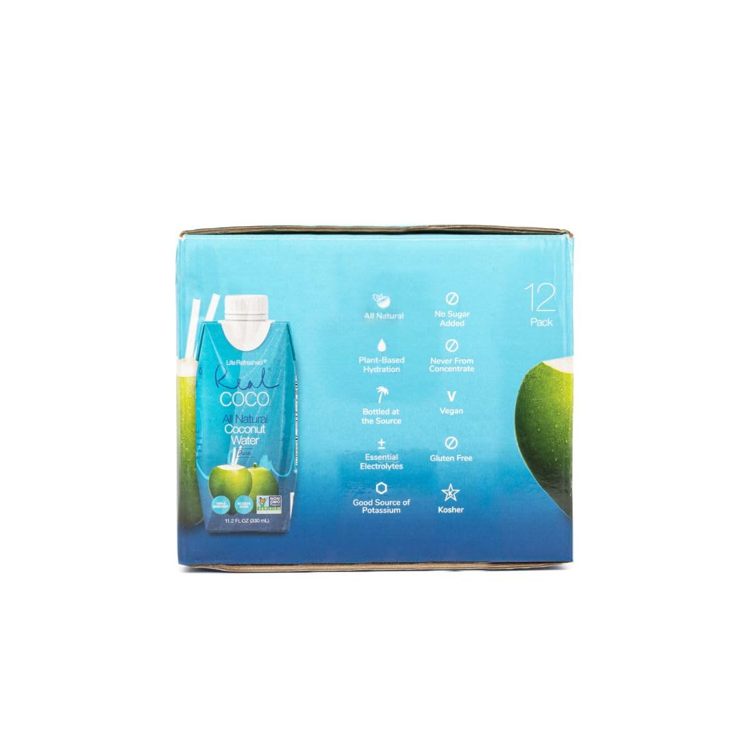 Real Coco All Natural Pure Coconut Water (12-Pack 330mL), Single Ingredient, No Added Sugar, Plant Based, Packed with Electrolytes, Vegan