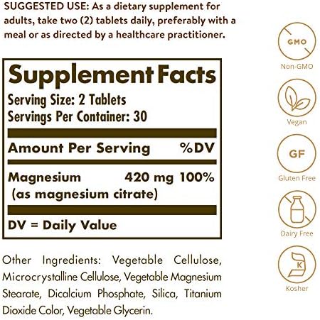Solgar Magnesium Citrate, 120 Tablets - Promotes Calm, Non-GMO, Gluten Free | Supports Muscle Function and Relaxation, Gluten Free - 120 Tablet Serving