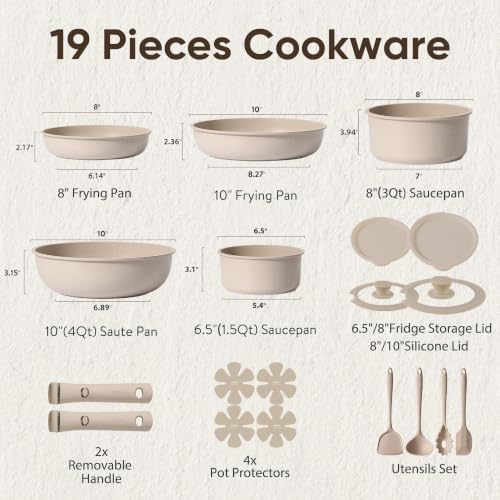 CAROTE 19pcs Pots and Pans Set Non Stick, Detachable Handle Cookware Sets | Ultra Nonstick, Space Saving, Dishwasher & Oven Safe