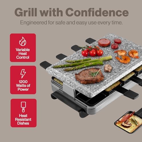 Swissmar Classic 8-Person Raclette Party Grill - Indoor Electric Grill & Griller with Reversible Cast Iron Grill Plate/Crepe Top - Anthracite Black