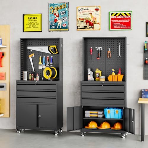 Metal Storage Cabinet with Wheels and Drawers, Rolling Garage Storage Cabinet with Lock, Black Metal Tool Cabinet with Hooks