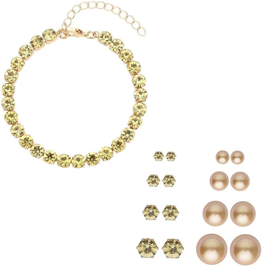 9 Piece Set Golden Shell Pearl Crystal Steel Earrings Bracelet Set 7.5-9.5"
