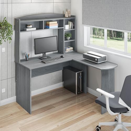 Techni Mobili Modern L-Shaped Desk with Hutch, Grey
