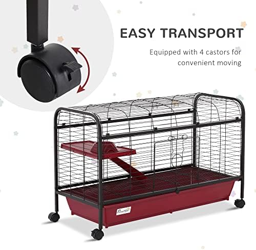 PawHut 41" L Small Animal Cage Rabbit Hutch with Feeder, Rolling Wheels Red