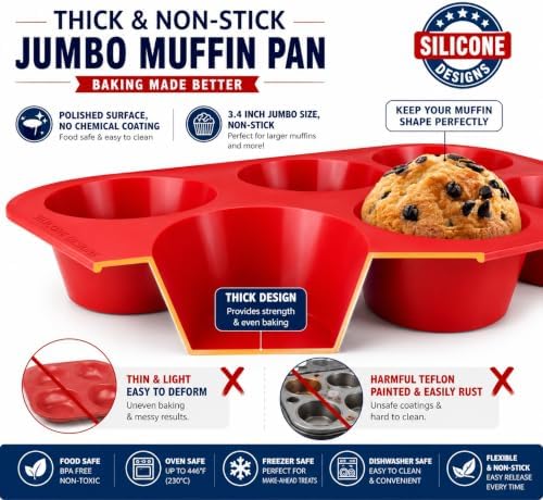 Silicone Texas Muffin Pan 6-Cups, Jumbo Muffin Pan Set of 2, BPA-Free Non-Stick Cupcake Maker, 10.75L x 7.5W for Baking