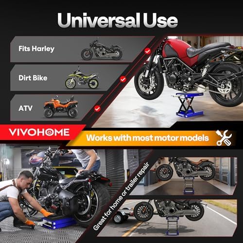 VIVOHOME 1100 LBS Motorcycle Lift Scissor Jack, Wide Deck Hoist Stand, Red | Height Adjustable Center Stand with Crank, Steel Lift for Cruiser, Dirt Bike, ATV